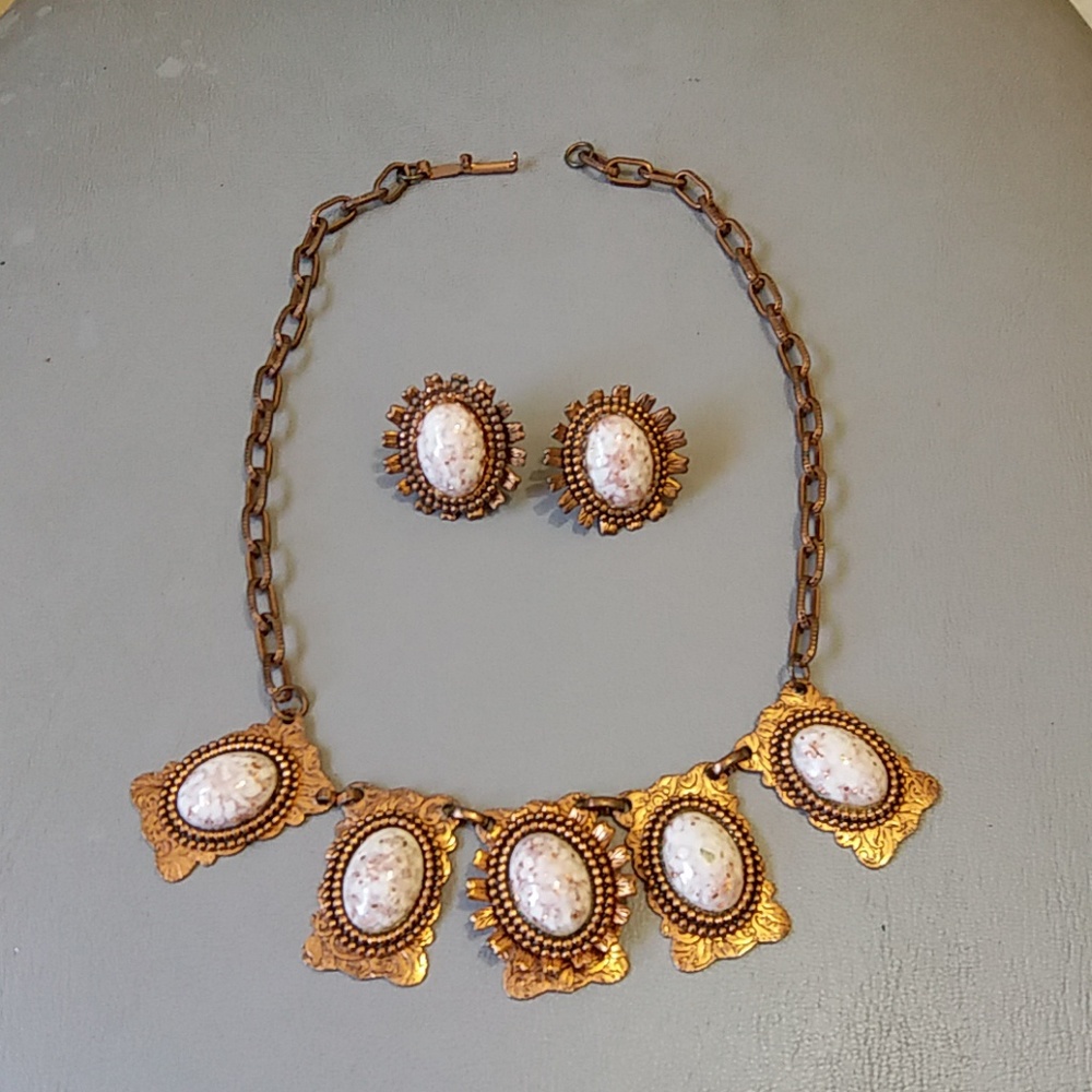 Antique 1940s Copper Egg glass necklace earrings
